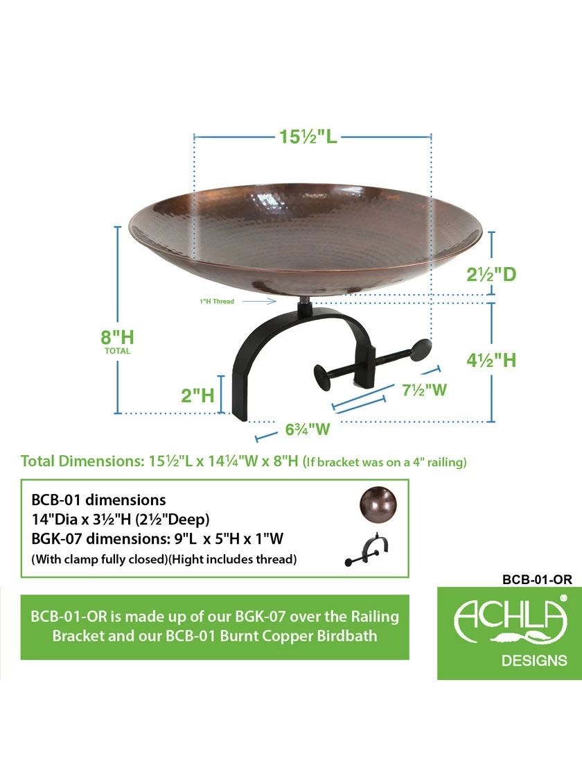 Achla Designs Burnt Copper Birdbath With Over-the-Rail Bracket - Image 3